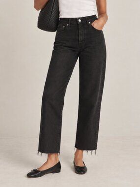 Reformation Emma High Rise Wide Leg Jeans Black Raw Hem 28